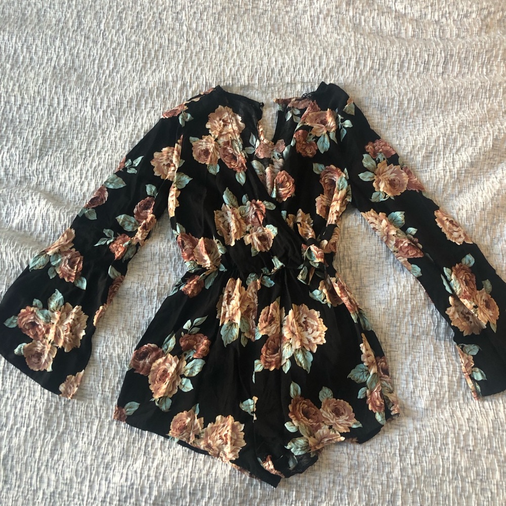 Black floral print romper